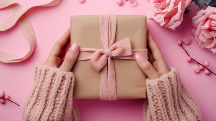 Woman hands holding present box with pink bow on pastel pink background
