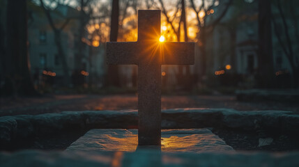 Sunset Glow Through a Cemetery Cross