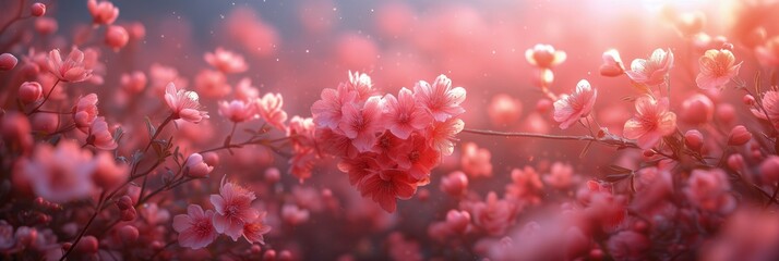 Baner różowych kwiatów tworzących serce.