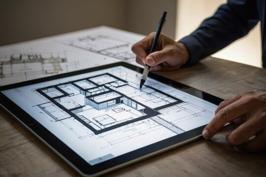Architect engrossed in designing blueprints, using a computer and laptop, amidst a business setting, incorporating hands-on work, plans, designs, and construction elements, featuring tools like pens, 
