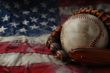 Ball in baseball glove shot on american flag background