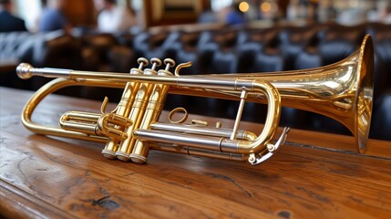 Shiny Brass Trumpet Resting on Wooden Table in Indoor Setting