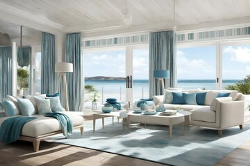coastal interior design, lighter tones in shades of blue, green, beige and white to communicate a relaxed feel, the light reflecting off the water create a soothing ambianc