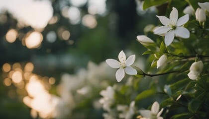 Tranquil Dawn: White Jasmine Blossoms Basking in Soft Morning Light
