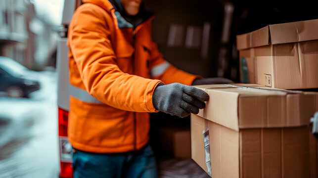 Transportista de mercancías sacando cajas de carton de una furgoneta de reparto
