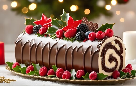 Image of traditional Christmas cake Yule log or bûche de Noël with decoration on black background