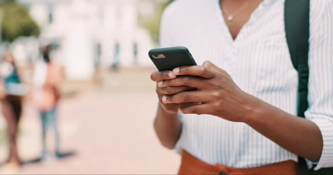 Hands, phone and person typing outdoor, student on campus with communication and contact. Chat, internet search and closeup of writing message, online for social media or college email with texting