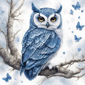 Cute owl perched on a tree branch painting