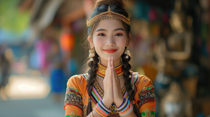 Obraz premium Beautiful young Thai woman in traditional suit smiles and gives wai greetings with her hands against blurry background