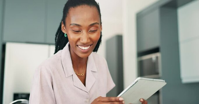 Digital, app and black woman in a house with internet, scroll or online shopping, deal or offer search. Tablet, ecommerce or African female person at home with retail promo ad, message or email alert
