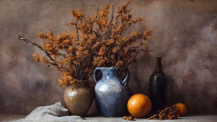 plant stems oil painting, old vase, watercolor, oil painting for printing, painting on canvas, beautiful view