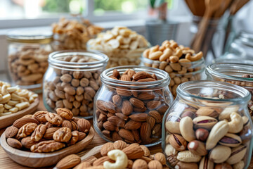 Mix of various nuts in bowl. Pistachios, cashews, walnuts, hazelnuts, peanuts and brazil nuts. Generative AI