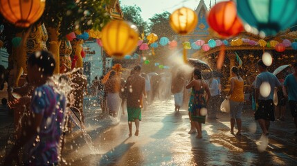 Thai people and foreign travelers walking and playing water fight and splash in Songkran festival 