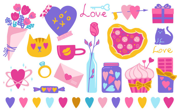 Valentines Day set with gift and other romantic elements, white background. Sticker love concept and wedding. Including flower bouquet, rose cupcake, pizza, candy, mail. Cute love vector illustration