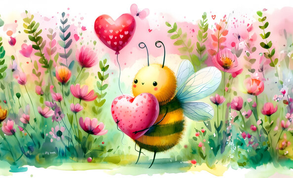 Valentine day cute illustration. Happy yellow bee with red heart watercolor painting isolated © Anastasia Knyazeva