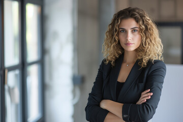 A young businesswoman with her arms crossed in the office.
