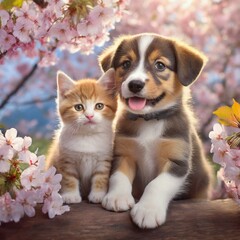 Fototapeta na wymiar 桜の花を背景に仲良く写真に写る子犬と子猫