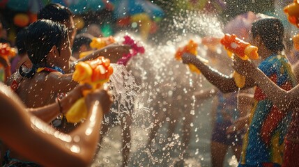 People splashing water at Songkran festival in Thailand - obrazy, fototapety, plakaty