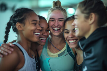 Fototapeta premium A group of girls taking pictures of themselves after training at the gym.