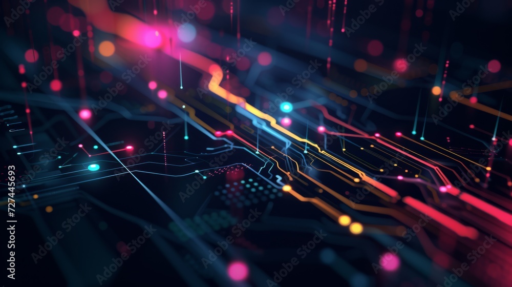 Poster a dark illustration of a technical system with colorful lines connecting different flow states.