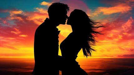 Sylwetka Mężczyzna i kobieta całują się przed malowniczym zachodem słońca.