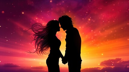 Sylwetka Para stojąca obok siebie przed zachodem słońca, celebrująca Walentynki, to wyjątkowy moment miłości i romansu. - obrazy, fototapety, plakaty
