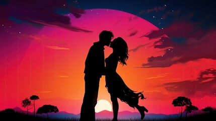Sylwetka para mężczyzny i kobiety całuje się przed malowniczym zachodem słońca, wyrażając uczucie w czasie romantycznego spotkania.