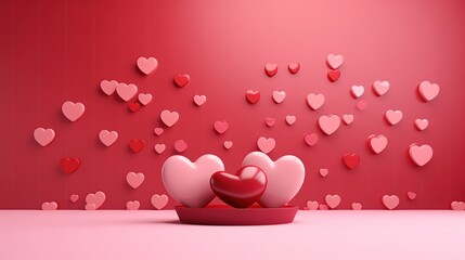 Na stole widoczne małe czerwone serce w towarzystwie dwóch różowych serc  umieszczone w misce. Na ścianie są poprzyklejane serca - obrazy, fototapety, plakaty