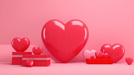 Produkt prezentacja z różowym tle znajduje się czerwone serce, które jest otoczone mniejszymi sercami i pudełkami - obrazy, fototapety, plakaty