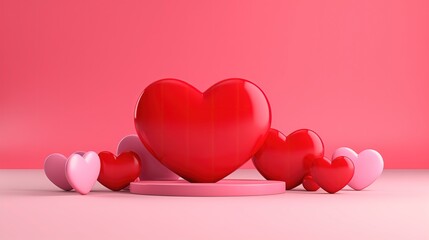 Różowe mniejsze serca otaczają czerwone serce - idealny obraz na Walentynki, kochanie oraz romans. - obrazy, fototapety, plakaty