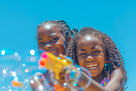 Two joyful children with bright smiles playing with a bubble gun under a clear blue sky, capturing a moment of pure childhood delight