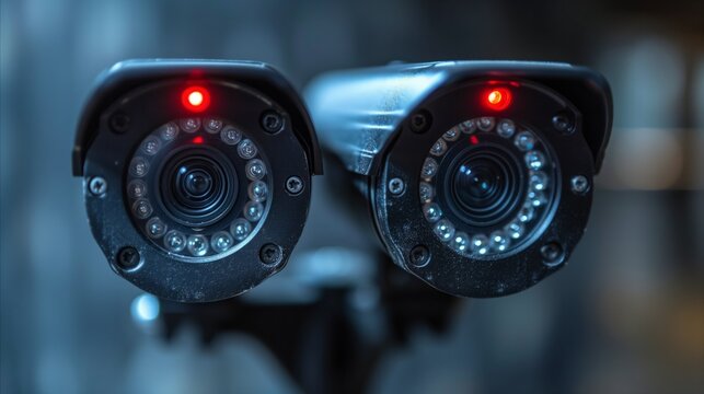 Close-Up of Security Cameras in Operation at Dusk