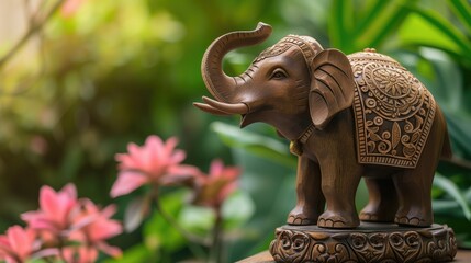 Wooden elephant statue with the trunk raised up in the garden with flower background