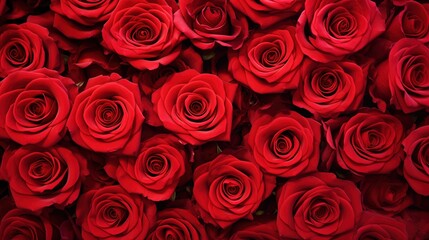 Tło. Wiązka czerwonych róż, ściśle poukładanych obok siebie, tworzących romantyczną atmosferę.
