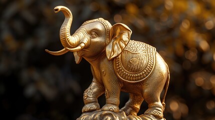 Statue of elephant with golden ornament and with the trunk raised up in Thai temple