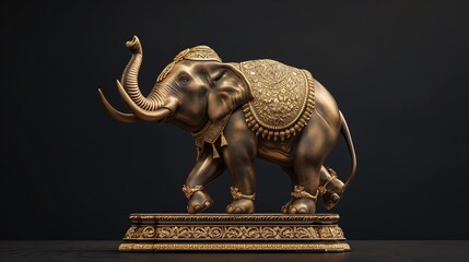 Fototapeta na wymiar Golden elephant statue with the trunk raised up on a black background