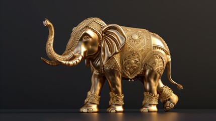 Golden elephant statue with the trunk raised up              on a black background