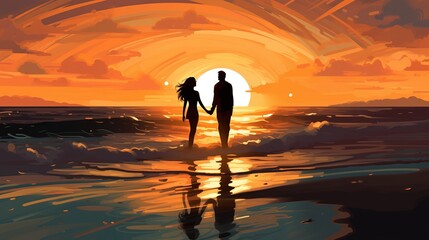 Obraz, na którym widoczna jest para trzymająca się za ręce na plaży. - obrazy, fototapety, plakaty