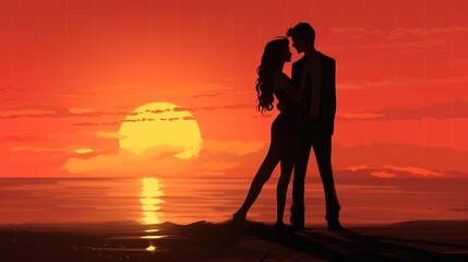 Mężczyzna i kobieta stoją na plaży o zachodzie słońca. - obrazy, fototapety, plakaty