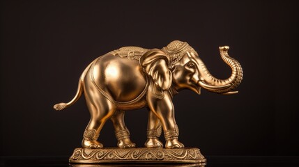 Golden elephant statue with the trunk raised up              on a black background