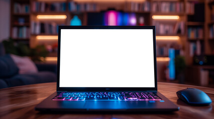 Illuminated Laptop With Blank Screen in a Cozy Evening Indoor Setting