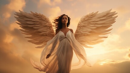 Kobieta w białej sukience, mająca na sobie aniołskie skrzydła, miejsce na święta Walentynki, romantyczne zdjęcie. - obrazy, fototapety, plakaty