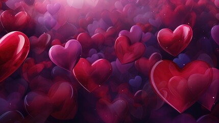 Wielokrotność fioletowych serduszek unoszących się w powietrzu, symbolizujących Walentynki, miłość i romans.