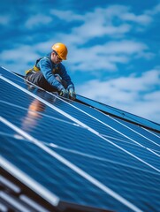 Male worker install solar panels on a house rooftop, renewable energy