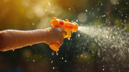Close up of hand holding water gun at Songkran festival in Thailand - obrazy, fototapety, plakaty