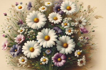 Fototapeta premium Ein zarter Strauß aus weißen Gänseblümchen und verschiedenen Wildblumen auf einem weichen cremefarbenen Hintergrund. Geburtstagkarte, Postkarte. Generatibe KI