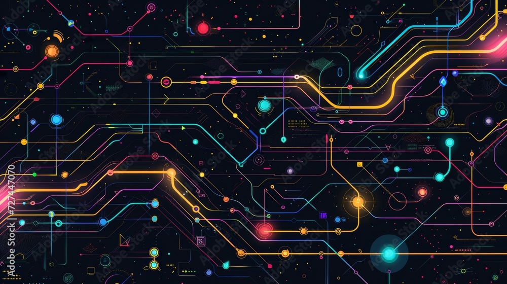 Poster a dark illustration of a technical system with colorful lines connecting different flow states.