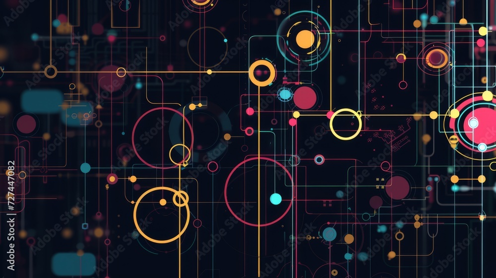 Poster a dark illustration of a technical system with colorful lines connecting different flow states.