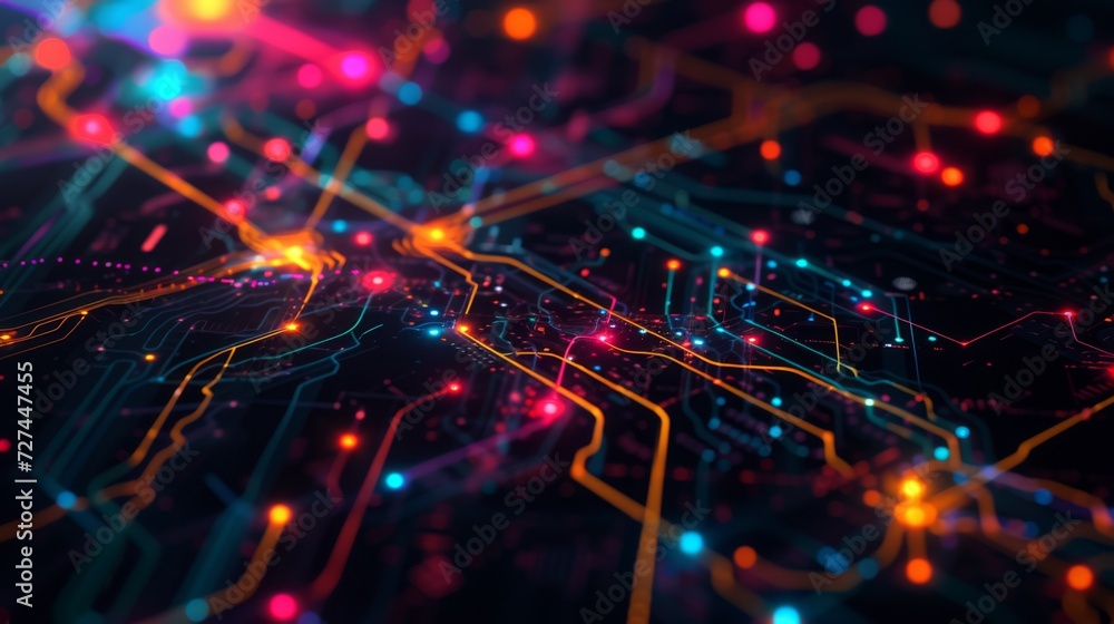 Poster a dark illustration of a technical system with colorful lines connecting different flow states.