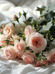 a bouquet of delicate pink roses on a white bed